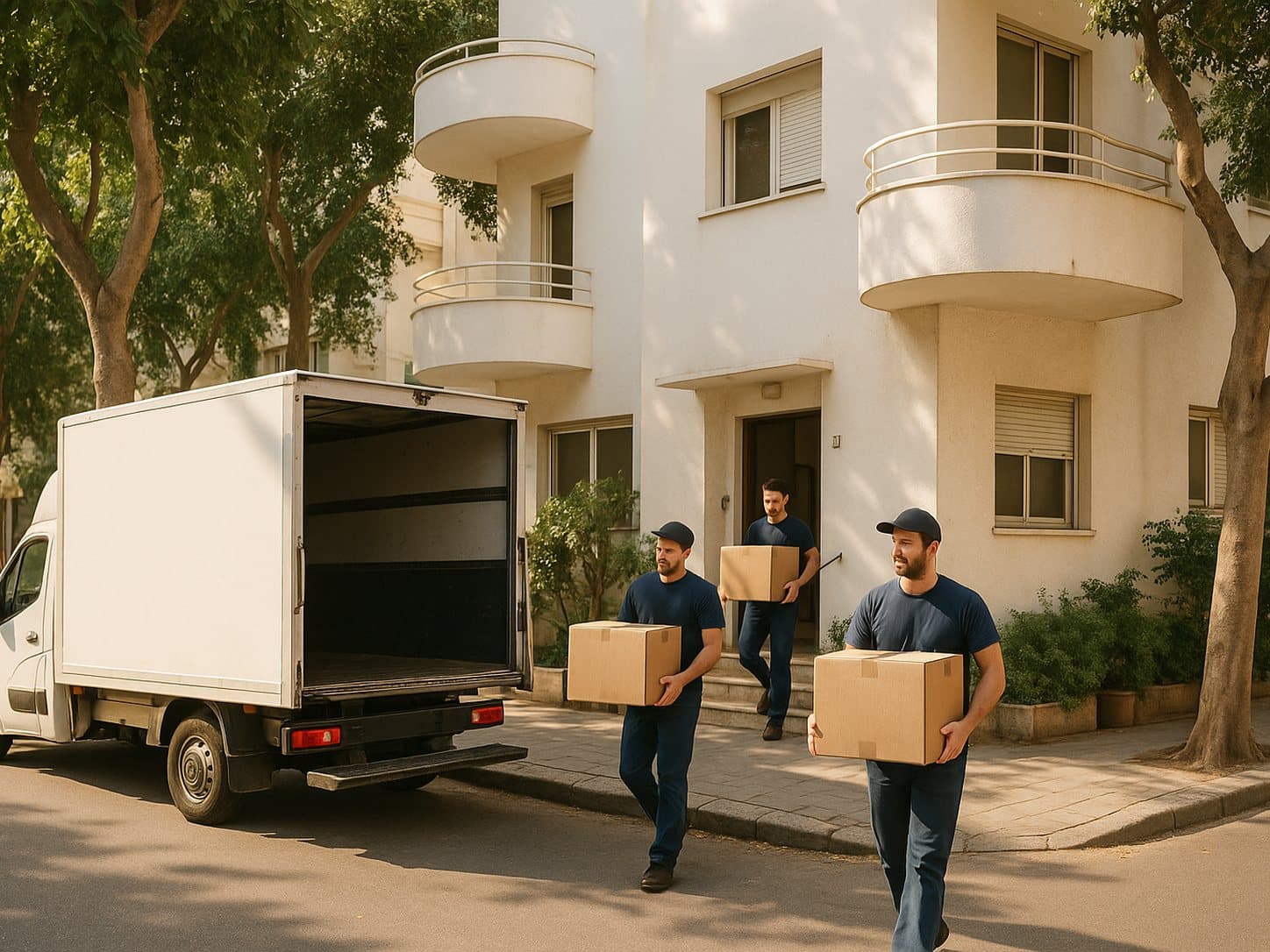 הובלה קטנה בתל אביב — צוות מעמיס ארגזים ברחוב שקט